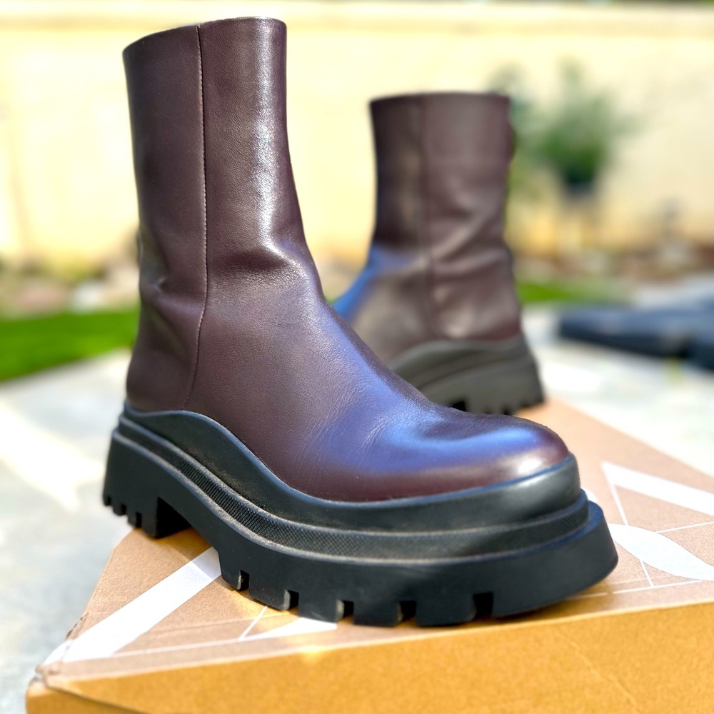 Zara Maroon/Bordeaux Leather Lug Sole Ankle Boots